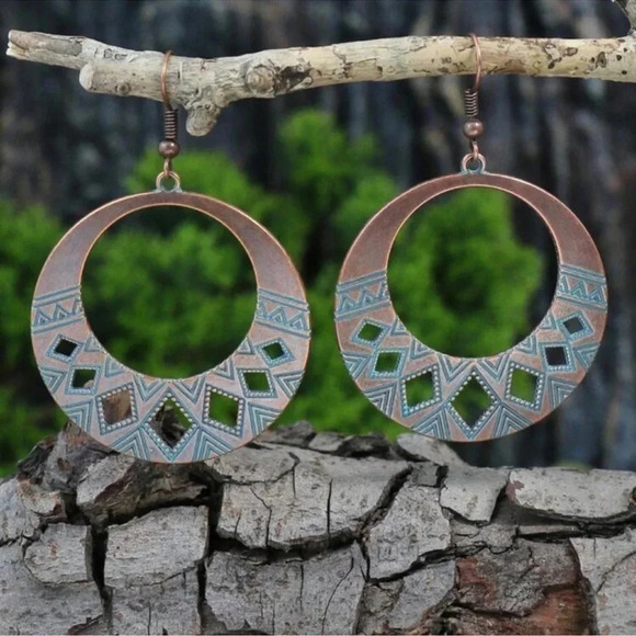 Bohemian Copper & Turquoise Hoop Earrings - Picture 1 of 3